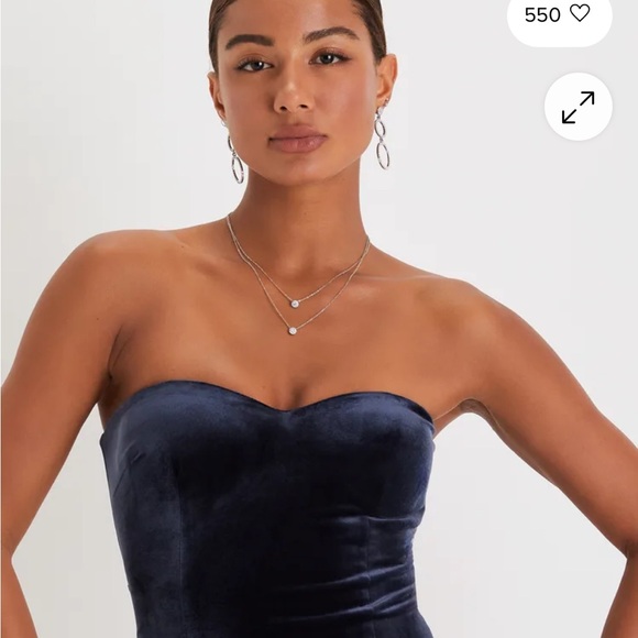Lulus- Elegant Navy Strapless Velvet Dress - Picture 3 of 4